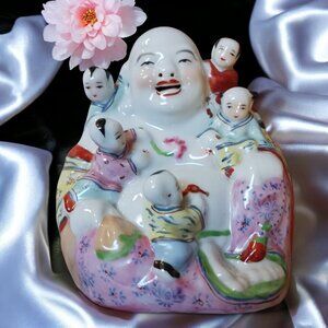 Vintage MCM Collectible Hotei  Buddha Porcelain Feng Shui Good Luck Figurine